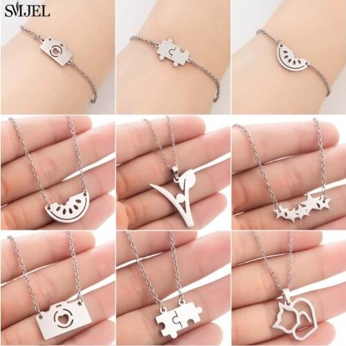 SMJEL Vintage Stainless Steel Women Necklace Fashion Puzzle Camera Star Cat Necklaces Multiple Pendants Choker Boho Jewelry New