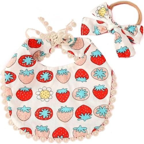 Q1FE 2 Pcs/Set Baby Feeding Drool Bib Floral Headband Set Lace-up Tassel Saliva Towel Soft Cotton Triangle Bandana Burp Cloth