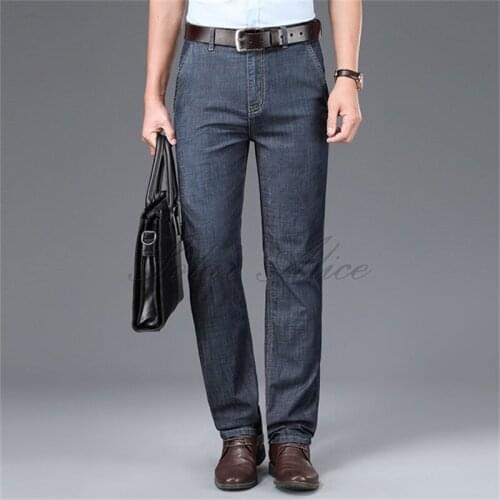 Free Shipping 2020 Four Seasons Mens New High Waist Straight Jeans Tencel Elastic Thin Thin Middle-aged and Casual Pants