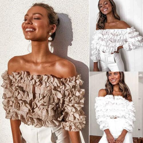 Women Sexy Fashion Summer Tulle Ruffle Fold Half Sleeve Shirts Cold Shoulder Loose Casual Blouse Lace Ruffled Neckline Top