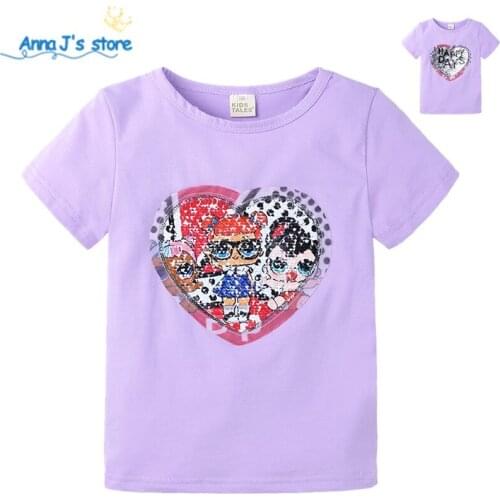 Kids Girls T-shirts Magic Glitter Reverse Cute Cartoon Sequin Kid Top Color Changing Summer T Shirt for Childrens Clothes ZX395