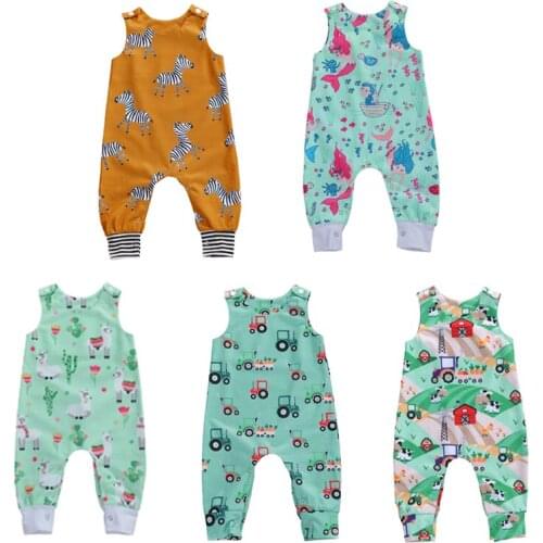 0-3Y Newborn Infant Baby Girls Boys Romper Cartoon Print Sleeveless Cotton Jumpsuits 5 Colors