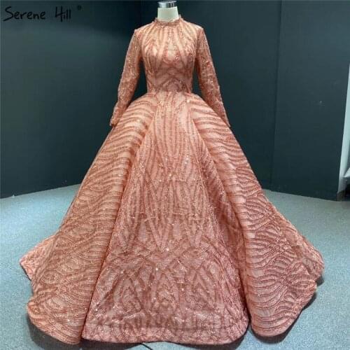 Muslim Orange High Collar Sequined Evening Dresses 2020 Long Sleeve Sparkle Luxury Bridal Gowns HA2293 Custom Made