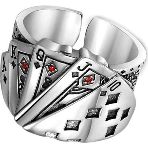 Playing Card Poker Pattern Men Ring Plated Silver Adjustable Opening Punk Finger Sterling Silver Ring Jewelry Accessory