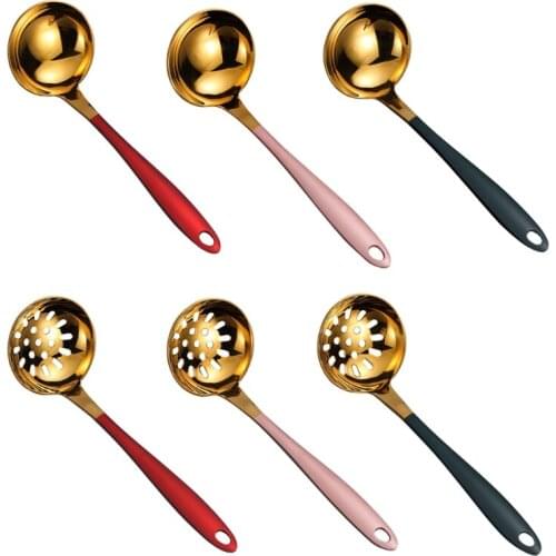 Nordic Stainless Steel Soup Spoon Ladle Slotted Colander with Colorful Matte long Handle for Kitchen Hotpot Serving