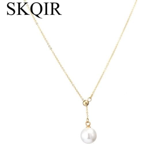 Simple Imitation Pearl Pendant Necklace Gold Bead Stainless Steel Chainn Statement Faux Pearl Female Jewelry