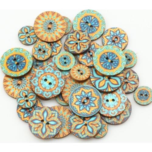 50pcs Blue Vintage Wooden Buttons 2 Holes 15/20/25mm Mixed Buttons for Clothes DIY Sewing Buttons Decorative Clothing Crafts