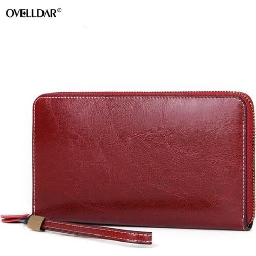 RFID Leather Ladies Wallet Large Capacity Long Oil Wax Leather Ladies Multi-card Wallet Coin Pocket Money Bag Card Holder