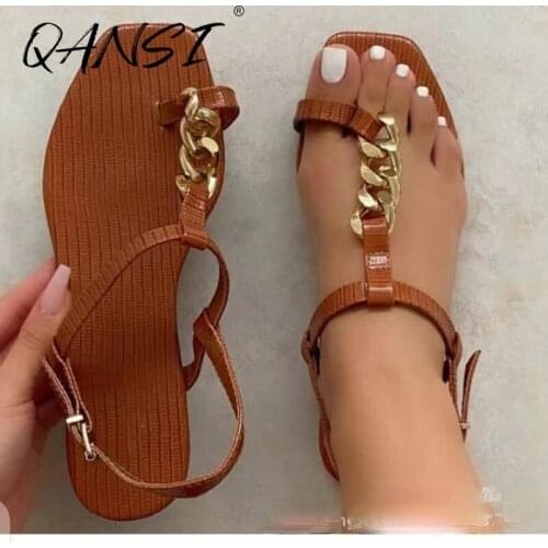 Summer Golden ChainT-Strap Flat Flip Flops Women Sandals Fashion Peep Toe Womenshoes Outdoor Rome Pinch Beach Sandals Women 2021