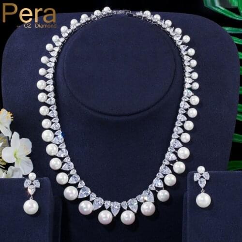 Pera Elegant White Water Drop Cubic Zirconia Round Pearl Dangle Earring Pendant Necklace Wedding Women Costume Jewelry Set J291