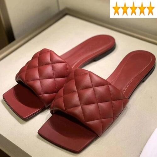 Slippers Flat Vintage Women Lattice 2021 Summer Square Toe Outdoor Sandals Solid Color Casual Beach Shoes Female Flip Flops
