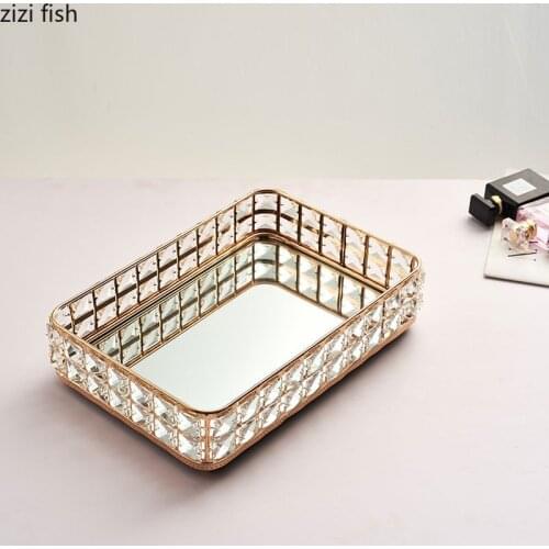 Nordic Crystal Trays Decorative Metal Framed Mirror Glass Gold Trays Dressing Table Cosmetic Container Jewelry Display Plates
