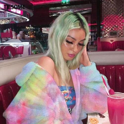 TIESOME Gradient Tie Dye Print Korean Long Faux Fur Coat Warm Winter Coat Womens Plus Size Fashions Rabbit Fur Teddy Coats Pink