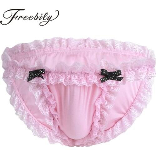 FREEBILY Elegant Men Lingerie Sissy Maid Floral Lace Soft Bikini Briefs Sexy Male Underwear Cute Gay Underwear Homme Underpants