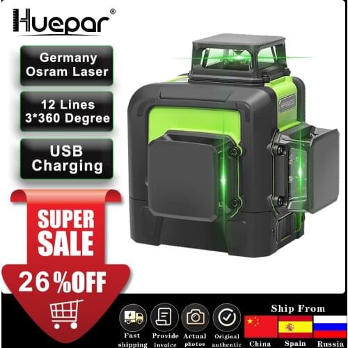 Huepar 12 Lines 3D Cross Line Laser Level with Orsam Green Laser Beam Self-Leveling 360 Vertical and Horizontal Cross Powerful