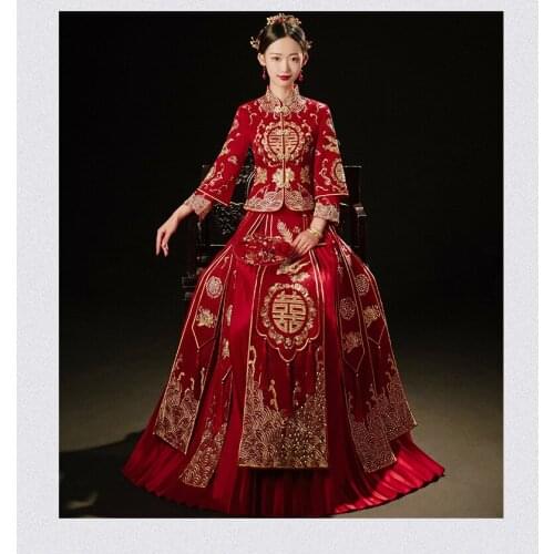 Gorgeous bright red diamonds embroidery stand collar 3/4 sleeves chinese retro bride evening dress xiuhe shop online china