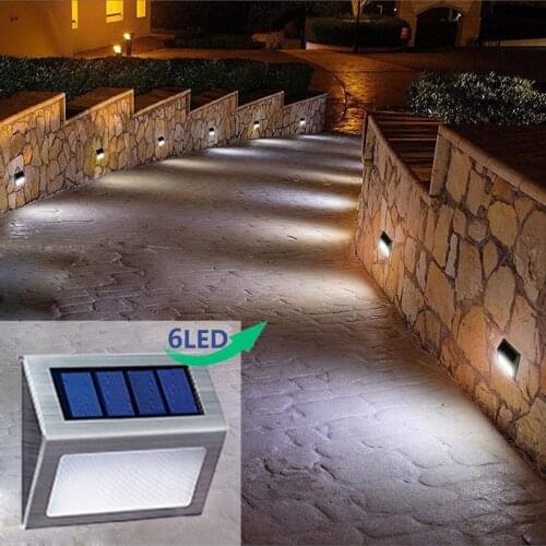 6 LEDs Solar Stair Lamp Waterproof Outdoor Stainless Steel Solar Power Garden Light Energy Saving Courtyard Pathway Wall Lamp