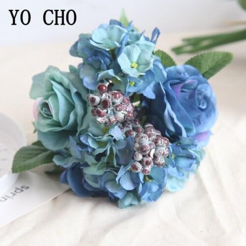 YO CHO Wedding Bouquet Silk Rose Hydrangea Flower Artificial Fake Rose Bridesmaids Blue Flower Home Party Wedding Table Decor