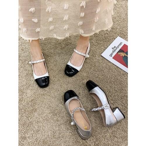 Womens shoes leather shoes spring 2021 new square toe color matching mid-heel shoes square toe thick heel Mary Jane shoes