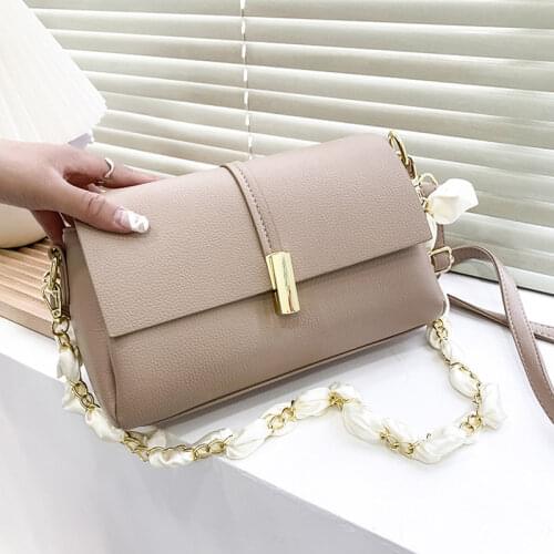 Woman Trend Shoulder Bag Chain Silk Scarf Crossbody Bags Solid Color PU Leather Handbag Female Simple Fashion Small Square Bags
