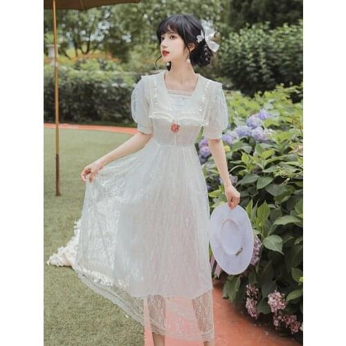 Dresses for women 2021 Navy Collar First Love Girl French Lace Fairy Dress Gentle Wind Japanese Kawaii Cute Dress Summer