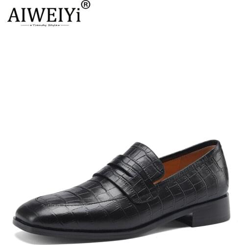 AIWEIYi Round Toe Thick Heel Pump Shoes Black Low Heels Single Shoes Women British Leather Crocodile Pattern Womens Shoes