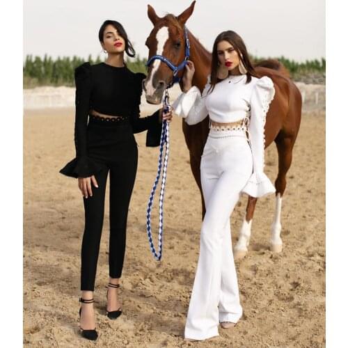 2021 New Arrival Fashion Black White Two Piece Bandage Set High Street Vintage Full Sleeve Hollow Out High Waist Flare Pants