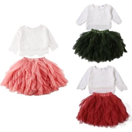 1-6Y Princess Baby Girls Holiday Clothes Sets Lace Sleeve White T Shirts Tops+Lace Tutu Skirts 3Colors