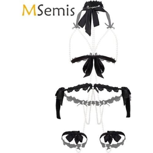 Women Open Cup Lingerie Suit Hollow Out Lace Beaded Erotic Set Halter Neck Lace-up Sleepwear Nightwear for Honeymoon Anniversary