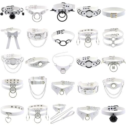 Goth white PU Leather Heart Round punk Choker chains Necklace For Women Spike Rivet leash Neck Collar cosplay gothic Jewelry