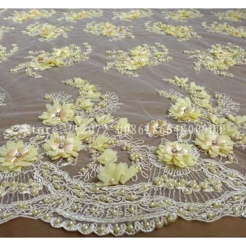 La Belleza Handmade baby pink/light yellow 3D flowers heavy beaded lace fabrics for lady evening wedding dress 1 yard