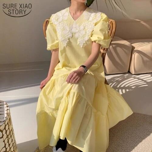 Early Summer Dress New Playful Lace Stitching Women Dresses Big Lapel Loose Bubble Sleeves V-neck Dress Robe Vintage Dress 14302
