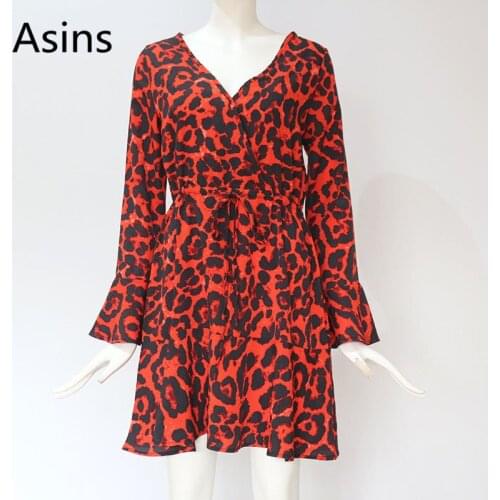 Asins dress women 2019 spring new hot casual fashion v neck high waist leopard printing flare sleeve lacing sexy wild mini dress