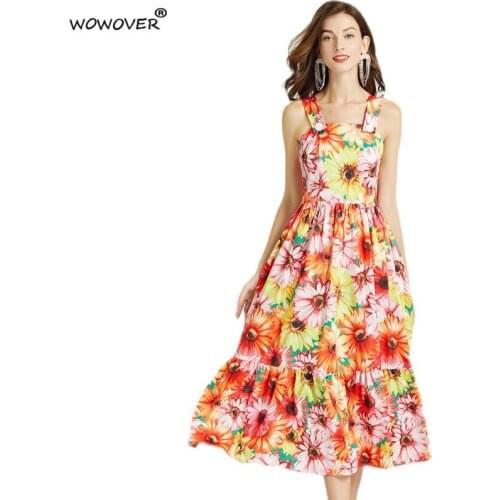 Fashion Runway Womens Sunflower Print Spaghetti Strap Midi Dress Summer Square Collar Casual Holiday Party Aline Vestidos