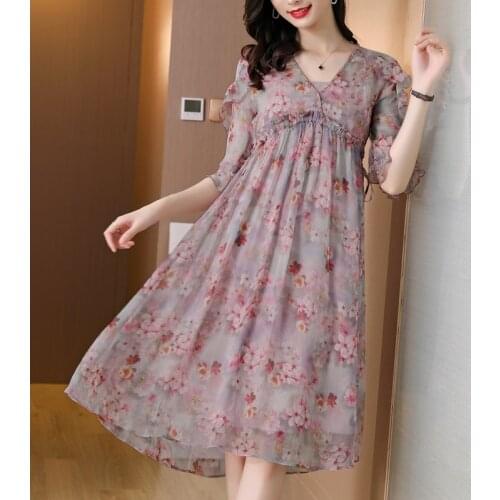 2021 Summer Floral Mulberry Silk Midi Dress Women Vintage Casual 3XL Plus Size Chiffon Beach Dress Elegan Bodycon Party Vestidos