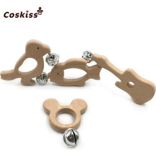 4pcs DIY Safe Newborns Wooden Teether Toys Natural Handmade Beech Wooden Animals Baby Teether Orr Musical Instruments Bells