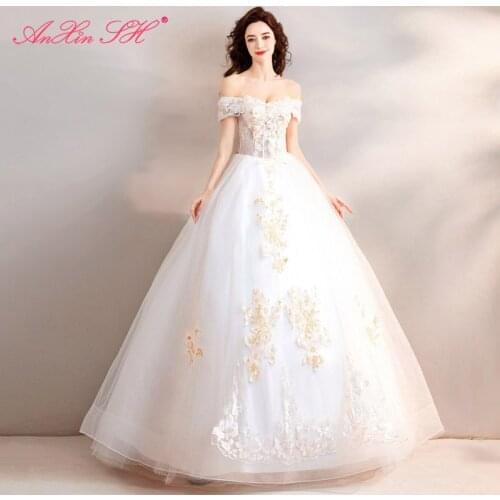 AXJFU Princess vintage golden flower lace white wedding dress boat neck luxury beading crystal boat neck wedding dress 2280
