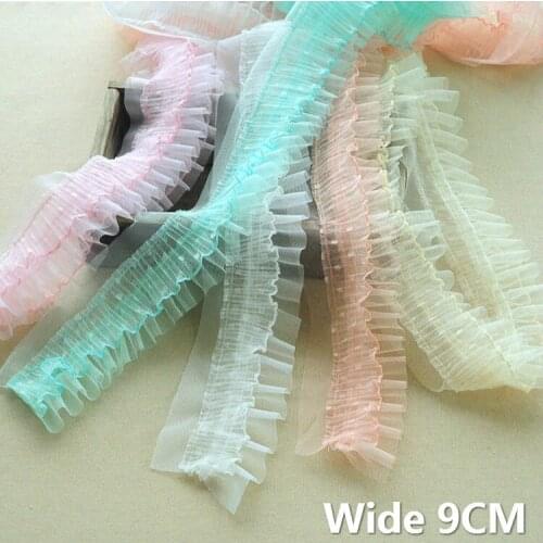 9CM Wide Double Layers Tulle Yarn Pleated Guipure Lace Fabric Embroidery Dots Fringe Trim Ribbon DIY Sewing Wedding Dress Decor