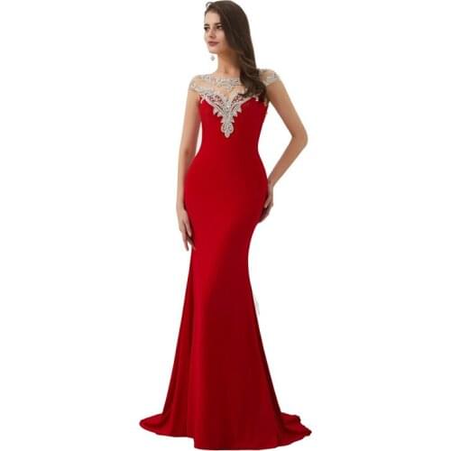 Elegant O-Neck Short Sleeve Satin Appliques Backless Fishtail Mermaid Long Evening Dress Robe de soiree Vestido de noche 64312