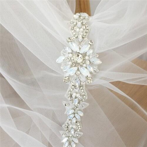 Graceful opal beaded bridal belt applique , rhinestone wedding gown sash iron on patch motif 5x48cm