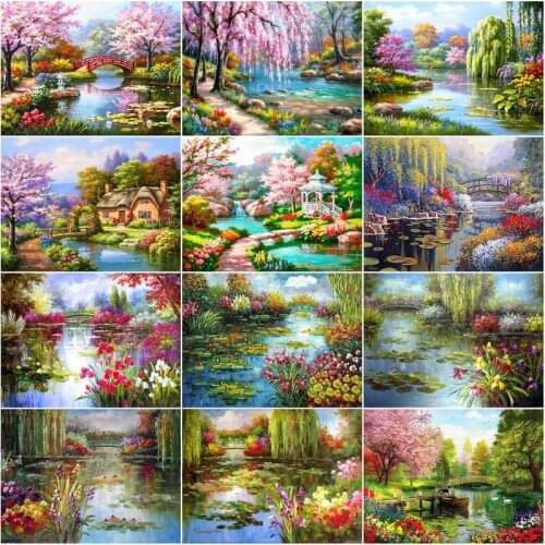 CHENISTORY Oil Painting By Numbers Lotus Pool Landscape Acrylic Drawing Canvas Mountain Picture Spring For Adults Home Decor Gif