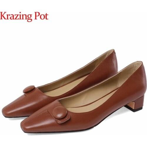 Krazing Pot business casual full grain leather button square toe thick med heel slip on concise office lady cozy women pumps L28