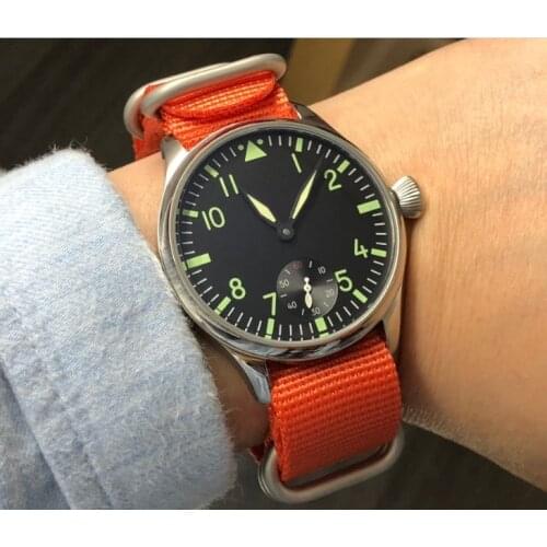 44mm black dial Asian 6498 17 jewels Mechanical Hand Wind movement mens watch green luminous Mechanical watches gr38-20