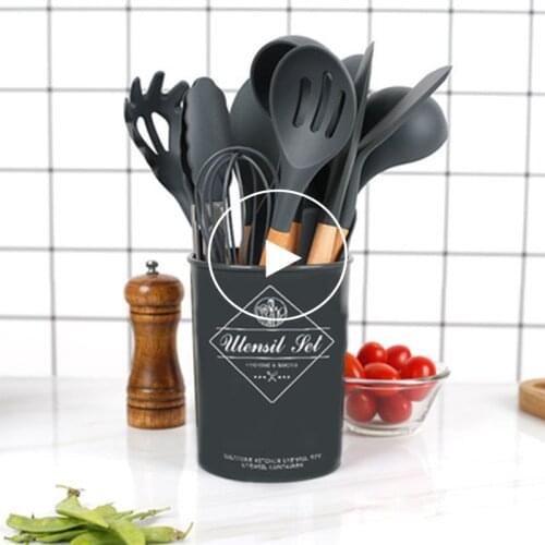 5-14 Piece Set Dark Gray Silicone Kitchenware Cookware Set Wooden Handle Spatula High Temperature Kitchenware Cooking Cookware