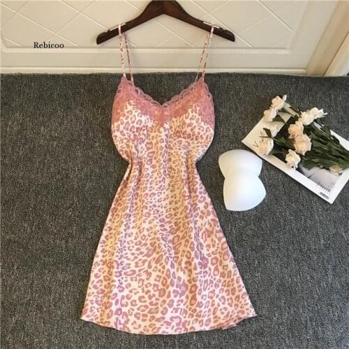 Summer Nightdress Sexy Lace Nightwear Sing Satin Print Homewear Pink Sleepwear Women Thin Nightgowns With Chest Padds