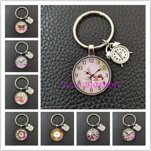 2021 new retro round antique wall clock flower glass cabochon keychain, handmade jewelry keychain pendant, car decoration gift