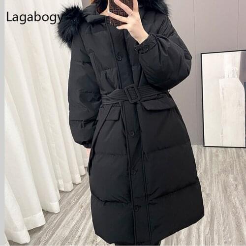 Lagabogy 2021 New Winter Women 90% White Duck Down Parkas Big Real Fox Fur Hooded Warm Puffer Jacket With Belt Female Snow Coat