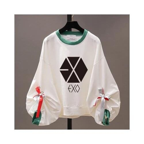 Kpop EXO 2021 new Korean bow loose solid color hoodies female long-sleeve round neck lantern sleeve sweatshirt women clothes
