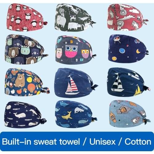 New wholesale Breathable cartoon Anima printing Bandage Scrubs hats Beautician cute hats laboratory men and women Scrubs caps