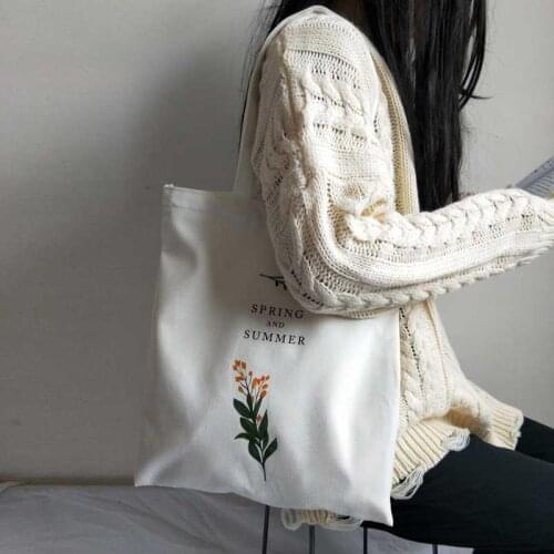 Womens Casual Canvas Shoulder Bag Flowers Printing Shopping Bag Cotton Cloth Lady Handbag Eco Reusable Large Tote Shopper Bags